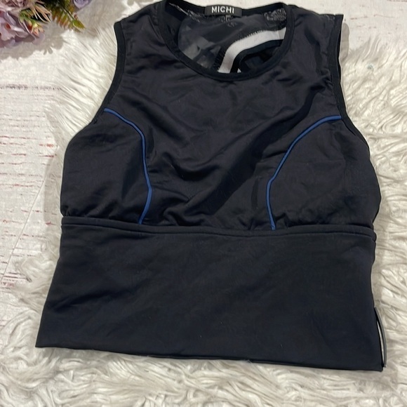 MICHI Crop Top Black Linear Pullover Mesh Panels Piping Bodice - Picture 6 of 11